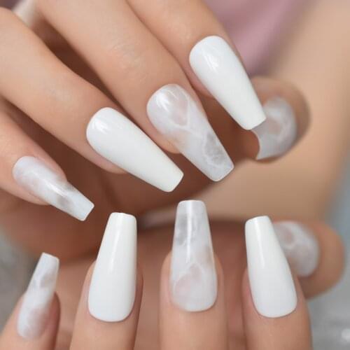 48 pcs White Medium Press On Nails Frozen Frost Designed Trendy Ladies Coffin Fake Nails False Faux Ongles