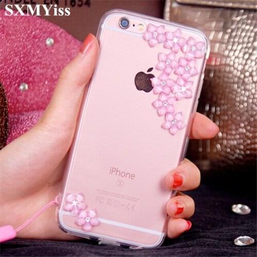 XSMYiss For iPhone 5 SE 6 6S 7 8 plus X 10 Xs Max XR Fashion Rhinestone Diamond Flower transparent Phone case soft shell