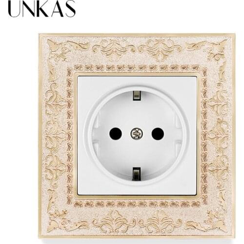UNKAS EU Wall Power Socket 16A Russia Spain Grey 4D Embossing Panel Retro Zinc Alloy Gray Outlet