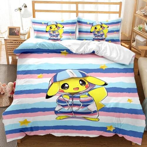 Kawaii Pikachu Duvet Cover 3pcs Bedding Set Cartoon Yellow Quilt Cover Queen King Size 3D Comforter Cover Boys Girls Bedclothes