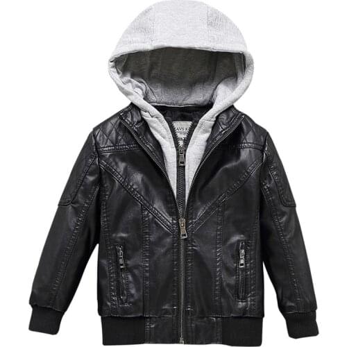 Spring Boys Jacket Can Detached Hood Leather Winter Warm Child Coat Thicken PU Leather Casual Children Clothing Outerwear 4-13Y
