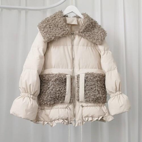 Fashion lambswool stitching ruffles thick warm fluffy down parkas female hit color warm duck down coat F690