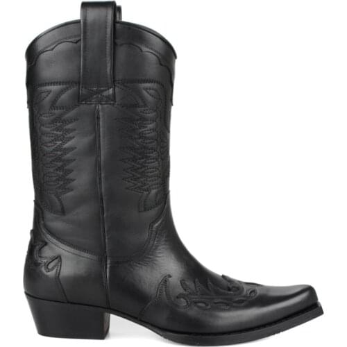 FootCourt- Men Cowboy Boots Black Genuine Leather Mid Calf Pointed Toe Handmade Western Boots Motorcycle Boots Designer Retro