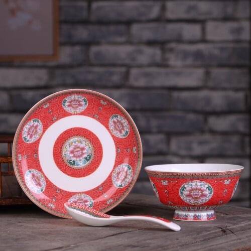3pcs Tableware Set Jingdezhen Ceramic Bowl Chinese Soup Rice Bowls Food Plate Dinner Plates Bone China Spoon Kitchen Accessories