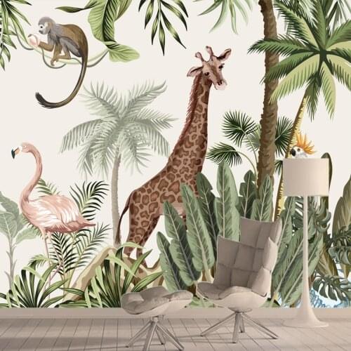 Custom Wall Papers Home Decor Jungle Animals Wallpapers for Bed Room Kids Non Woven Giraffe Monkey Vinyl Murals Walls In Rolls