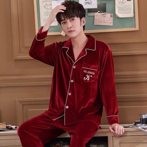 Mens Sleepwear Velvet Nightwear Long-Sleeve Sleep Tops Pajama Set Home Wear Soft Pants Comfortable Pyjama Nightgown