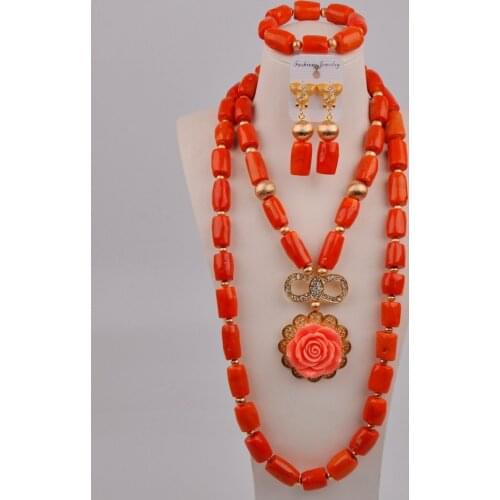 Fashion Orange Natural Coral Bead Wedding Jewelry Nigeria Ladies Wedding African Bride Wedding Banquet Jewelry Set AU-181
