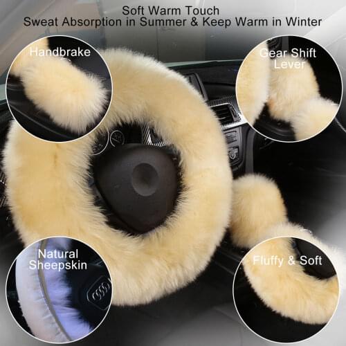 OKAYDA 1 Set 3 Pcs Multi Colored Real Sheepskin Car Accessories Car Steering Wheel Gear Shift Handbrake Fur Covers