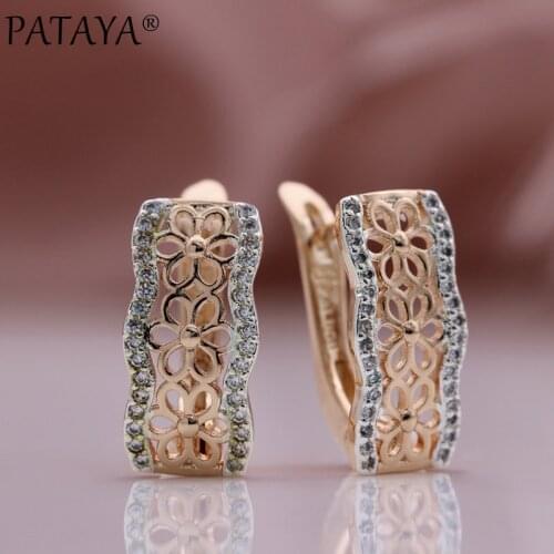 PATAYA New 585 Rose Gold Natural Zircon Drop Earrings Square Women Wedding Unique Vintage Fashion Jewelry Flower Metal Earrings