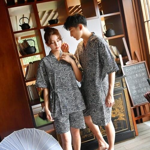 Japanese Style Pajama Suit Cotton Soft Pajamas Sets Kimono Women Man V-Neck Yukata Female 2021 New Couple Sleepwear Night Suit