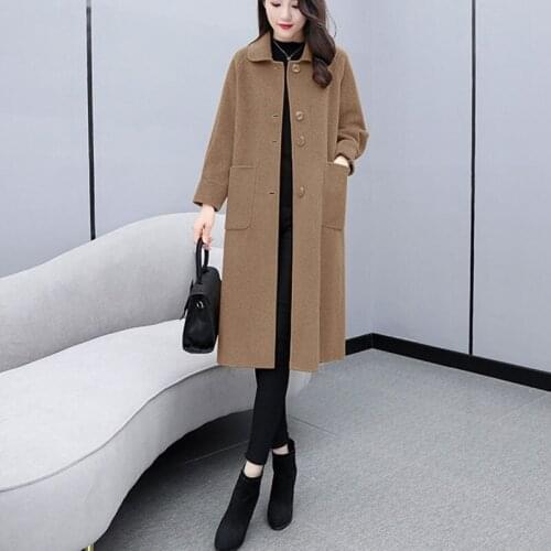 Lantern Sleeves Popular Wool Coat Women Spring Winter Solid Color Casual Woolen Coat Female Straight Cashmere Coat Pocket Q125