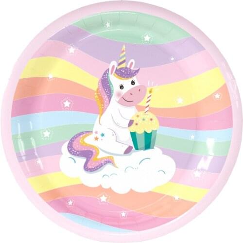 Unicorn Theme Tableware Disposable Paper Plate Cup Napkin Childrens Birthday Party Decoration Cake Topper Insert Card Balloon