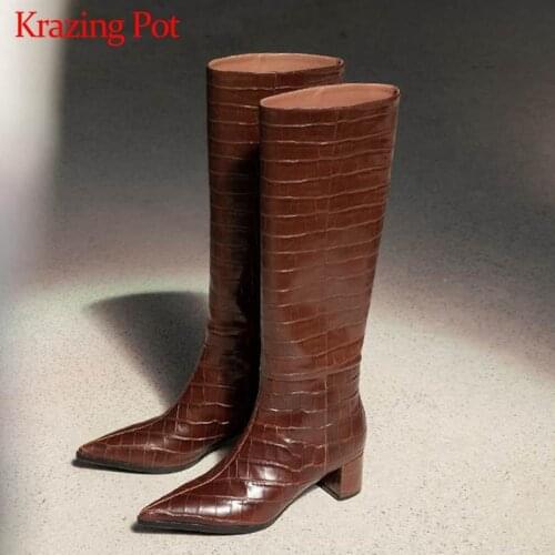 Krazing Pot genuine leather pointed toe gingham prints streetwear riding boots keep warm gorgeous nightclub knee high boots L59