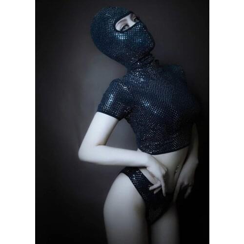 Sexy Black Crop Tops Shorts Headdress 3 Pieces Suit Dance Costume Women Nightclub Bar Club Party Dance Team Performance Costume