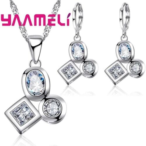 Unique Design White Stones CZ Jewelry Sets 925 Sterling Silver Jewelry Necklace Hoop Earrings For Women Wedding Party