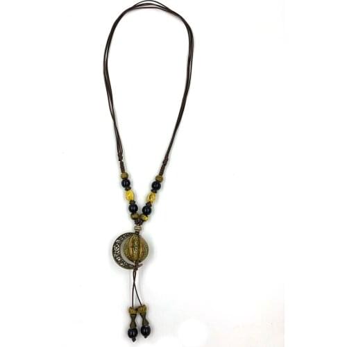 Vintage Ethnic Colorful Ceramic beads monn star pendant Necklace Adjustable Knotted Long pendant necklace for Women gift