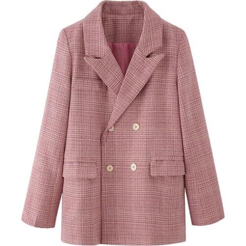 PERHAPS U Pink Gray Plaid Notch Collar Long Sleeve Double-breasted Pocket Loose Suit Slim Fit Casual Chic Blazer C0147