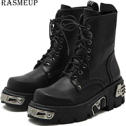RASMEUP 6CM Punk Style Platform Women Ankle Boots 2019 Womens Motorcycle Boot Fashion Ladies Chunky Shoes Metal Decor Black