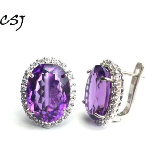 CSJ Amethyst quartz gemstone elegant Earring Sterling 925 Silver oval12*16mm 18Ct Fine Jewelry For Women Lady or mother Gift Box