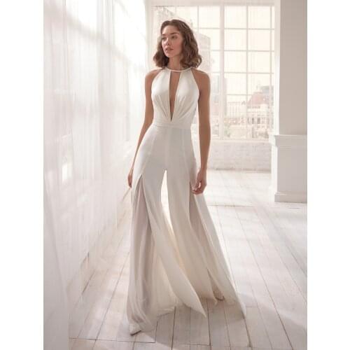 Formal Commuter Ladies White Deep V Halter Neck Jumpsuit Halter Lace Shoulder Strap Split Mesh Yarn Fairy Fluttering Pants Lady