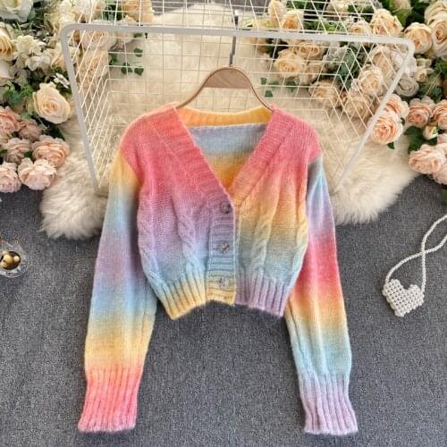 Women Rainbow Striped Knitted Crop Cardigan Autumn Winter V Neck Long Sleeve Button Up Cropped Sweater Woman Streetwear Tops