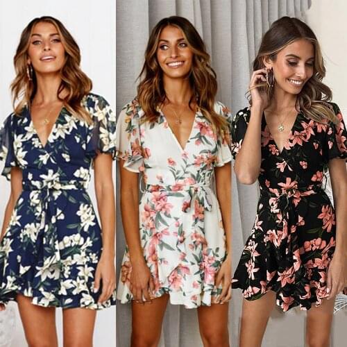 Woman Summer Dress 2021 European AliExpress Summer Hot Three-Color Short-Sleeved Deep V Printed Sexy Dresses Vestidoes SJCF1860