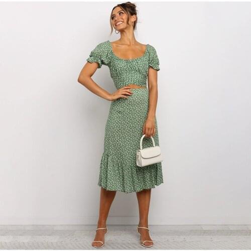 2021 Summer Dress Floral Print Beach Sexy Dress Women Two Piece Set Club Suit Short Puff Sleeve Loose Crop Tops And Midi Skirts