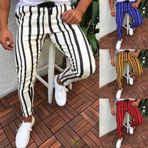75% New Arrival!!! Chic Men Vertical Stripes Print Drawstring Skinny Pencil Pants Sports Trousers