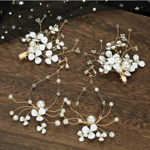 White Flower Bridal Wedding Hair Clip Rhinestone Jewelry Hair Pins for Women Accessories Gold Color Bride Earrings Headpiece