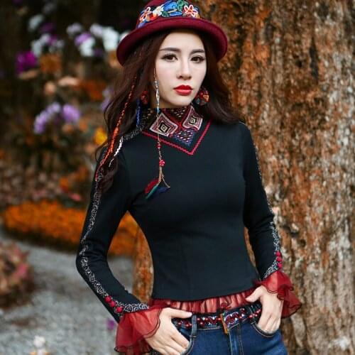 Free Shipping New Gauze And Cotton Patckwork Chinese Style Women Long Sleeve T-shirt Autumn Tops With Tassels Beaded Tees M-2XL