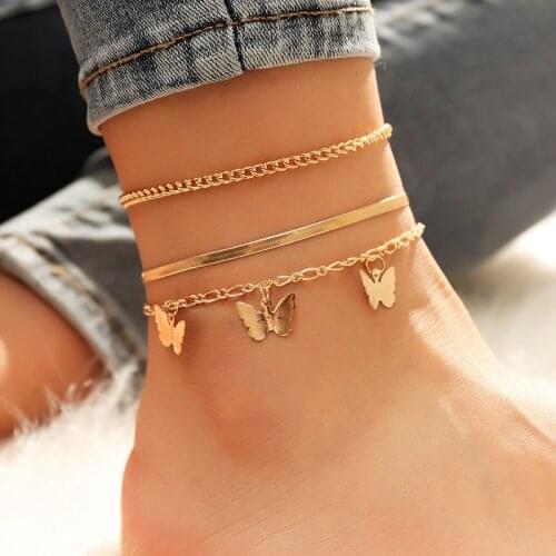 2021 Trendy Butterfly Snake Chain Anklets Set For Women Girls Multilayered Thick Chain Anklet Foot Ankle Bracelet Beach Jewelry