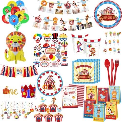 Carnival Circus Boys Kids Birthday Party Decorations Animal Balloon Paper Cups Plates Baby Shower Disposable Tableware Supplies