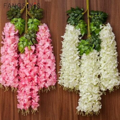 Artificial Silk Wisteria Vine Ratta Silk Hanging Flower Vine Wreath Wedding Fake Plant Leaf Rattan Trailing Fake Flower Ivy Wall