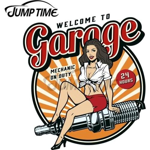 JumpTime 13 x 12.2 cm Brunette Mechanic On Duty Sexy Pinup Retro Classic Vintage Light Red Edition Car Stickers Stylish Decal