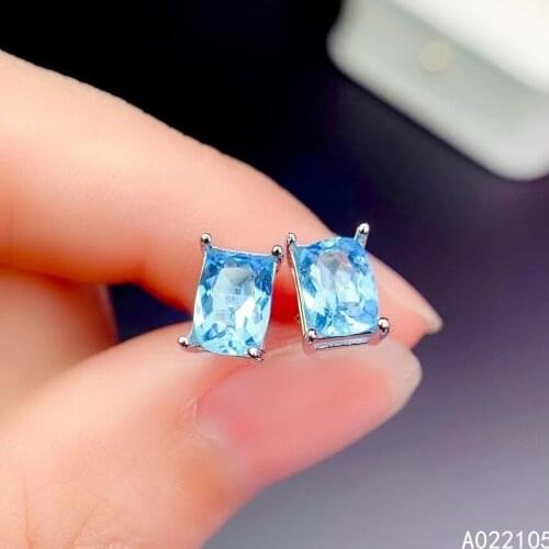 KJJEAXCMY fine jewelry 925 sterling silver inlaid Natural Swiss blue Topaz women simple classic square gem earrings ear studs su