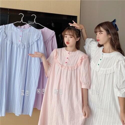 Lace Crochet Summer Nightgown Sweet Short Sleeve Casual Cotton Knee-length Sleepwear Korean Homewear Heart Buttons Ruffles