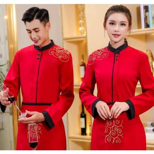 3 Colors 2019 Winter Waiter Waitress Workwear Coat Hotel Restaurant Cleaning Work Uniforms Unisex Long Sleeve Palms Print Jacket