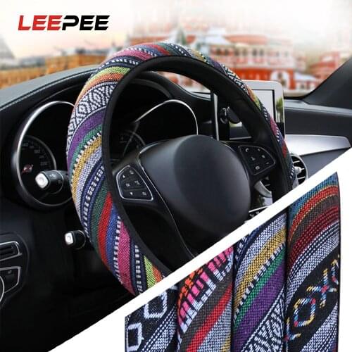 LEEPEE Car Steering Wheel Cover Ethnic Style Linen Car Steering-wheel Cover Auto Accessories Elastic Car-styling Universal