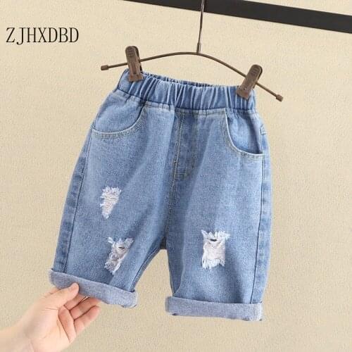 Summer 2020 Childrens Denim Shorts Boys Washed Shorts Summer Korean Hole Hot Pants Denim Blue Solid Children Trousers Clothing