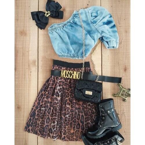 Fashion Children Kids Girls Clothing Sets Toddler Kids Girls Solid One Shoulder Crop Tops+Leopard Print Skirt Outfits