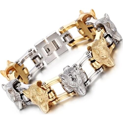Punk Stainless Steel Silver Color Motor Bicycle Chain Gold Wolf Head Mens Biker Jewelry Bracelet Bangle 8.26"*21mm Friend Gift