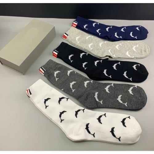 NEW 2021 Fashion TB Brand Socks Men Women Cotton Striped Casual Crew Socks Hip Hop Dolphin Pattern Medium Socks Ins 5 Pairs