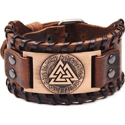 New Trendy Odin Triangle Viking Rune Bracelet Mens Fashion Metal Leather Woven Accessories Amulet Jewelry Party Gift