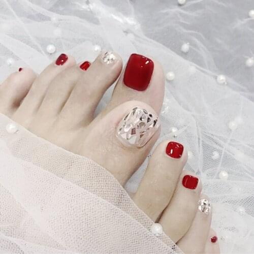 New red pure color with Silver shards UV gel false nails for toe cute summer toe nails short size lady full nail tips 24pcs