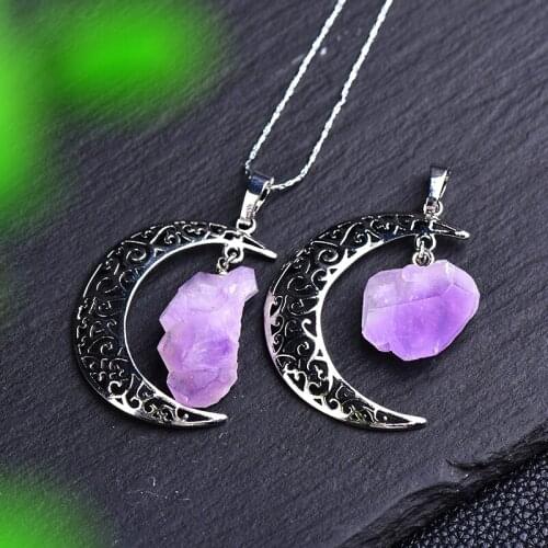 1PC Natural Amethyst Moon Necklace Irregular Mineral Specimen Reiki Healing Stones Decoration For Women Fashion Jewelry DIY Gift