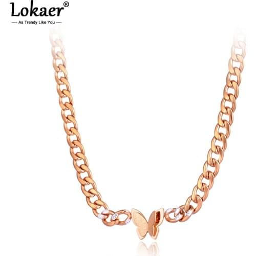 Lokaer Titanium Stainless Steel Butterfly Charm Pendant Necklaces Jewelry Fashion Bohemia Animal Big Thick Chain Necklace N21023