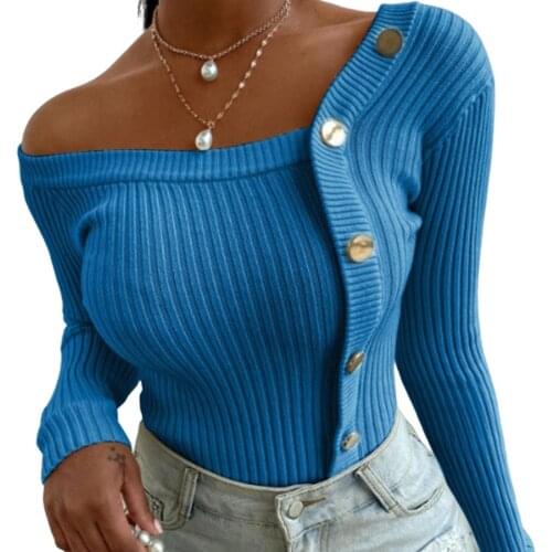 Fashion Pullover Sweater Women Winter Autumn Blouse One Shoulder Ribbed Buttons Jumpers Slim Knit Sweater