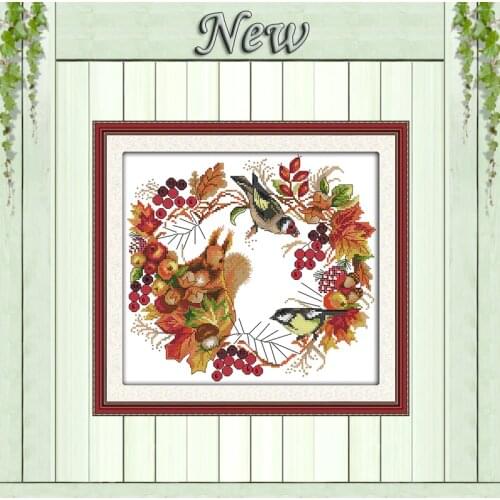 Joy wreath animal birds Squirrel fruit painting 11CT Counted Print on canvas DMC 14CT Cross Stitch Needlework Kit Embroidery Set