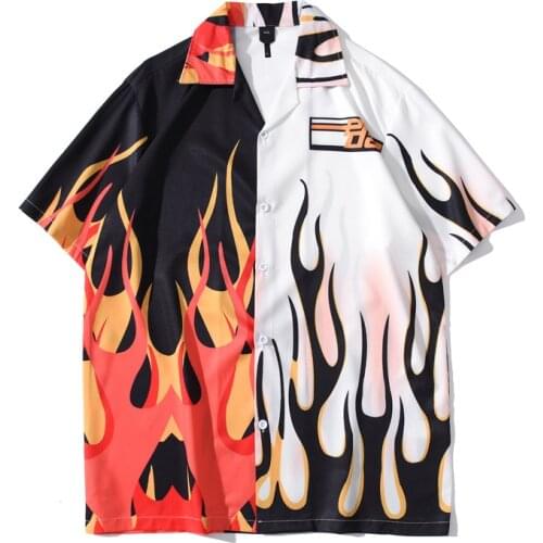Summer New Mens Vintage Black White Patchwork Shirt Man Flame Printed Hawaiian Beach Harajuku Oversized Male Short Sleeve Shirt