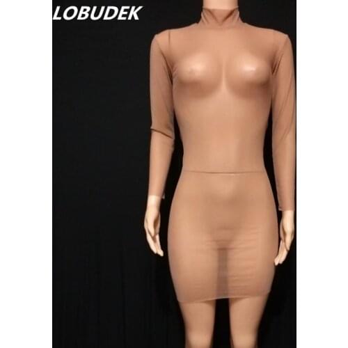 High Neck Nude Mesh Transparent Wrap Hip Mini Dress Sexy Nightclub Bar DJ Women Singer Dancer Costume Stage Performance Clothes